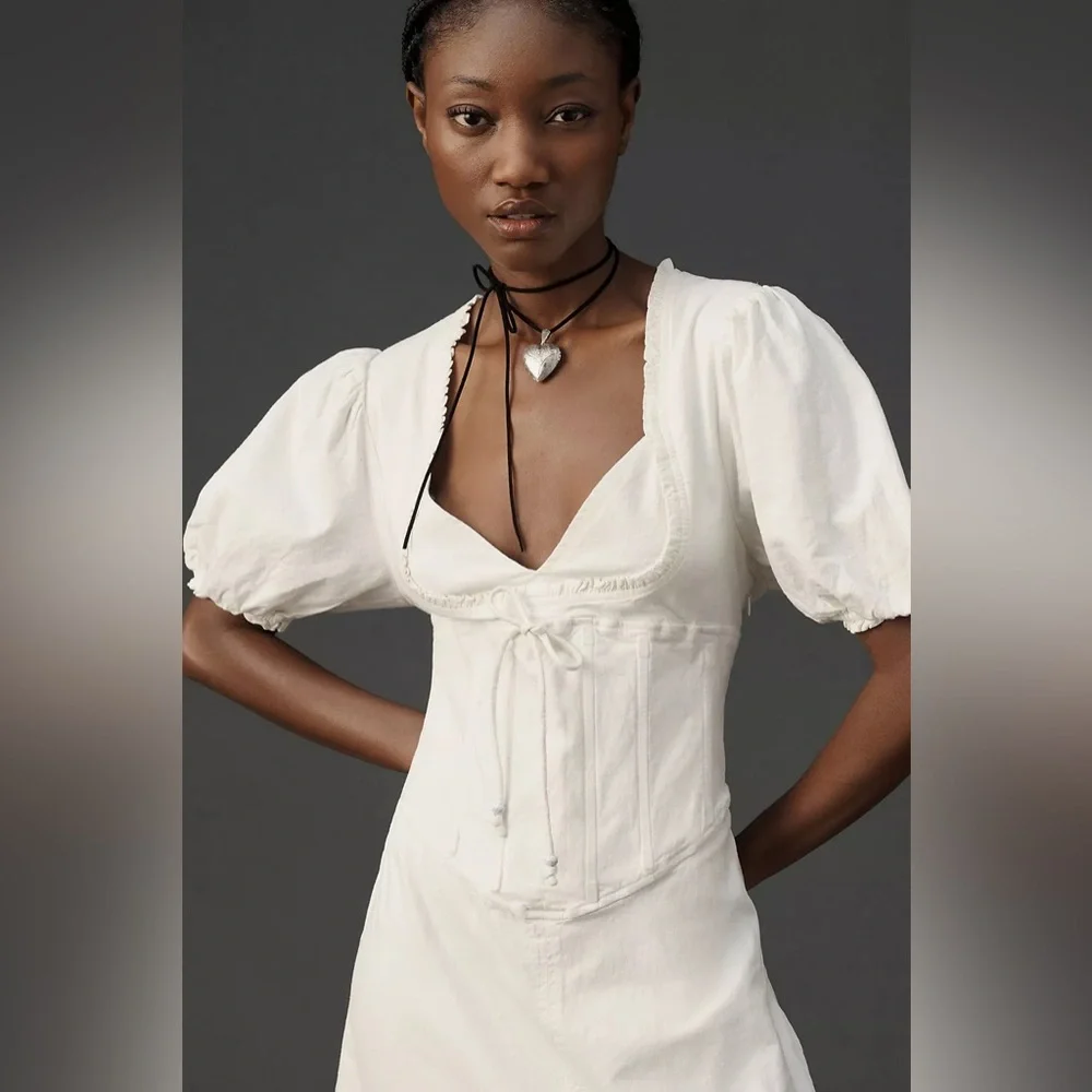 Maeve Anthropologie Puff-Sleeve Corset Linen Midi Dress - White Size Large - Picture 3 of 16